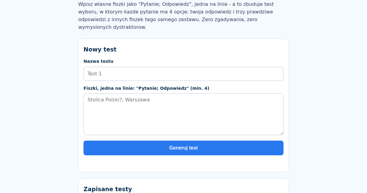 TestMatura: Generator Testow Wyboru z Wlasnych Fiszek do Matury